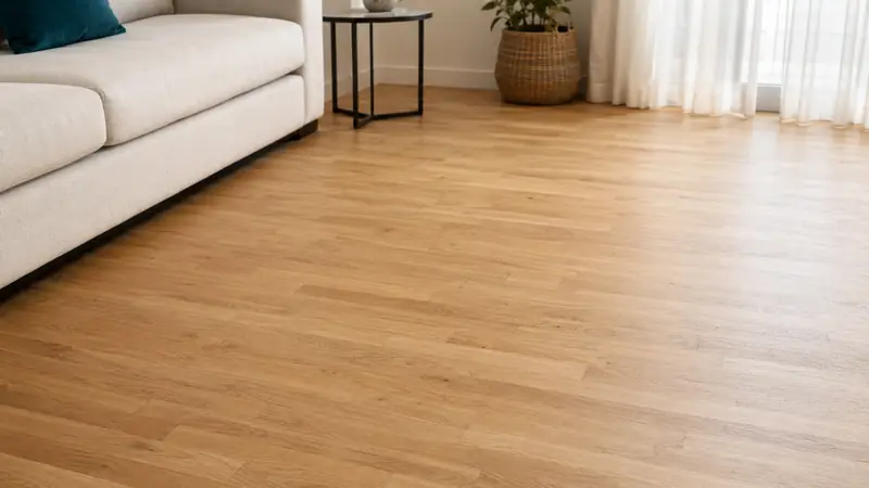 Suelo de parquet con acabado mate en un salón luminoso